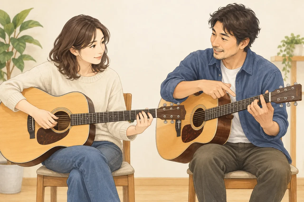 大人の初心者が講師の手元を見ながらマンツーマンでギターを教わるイラスト