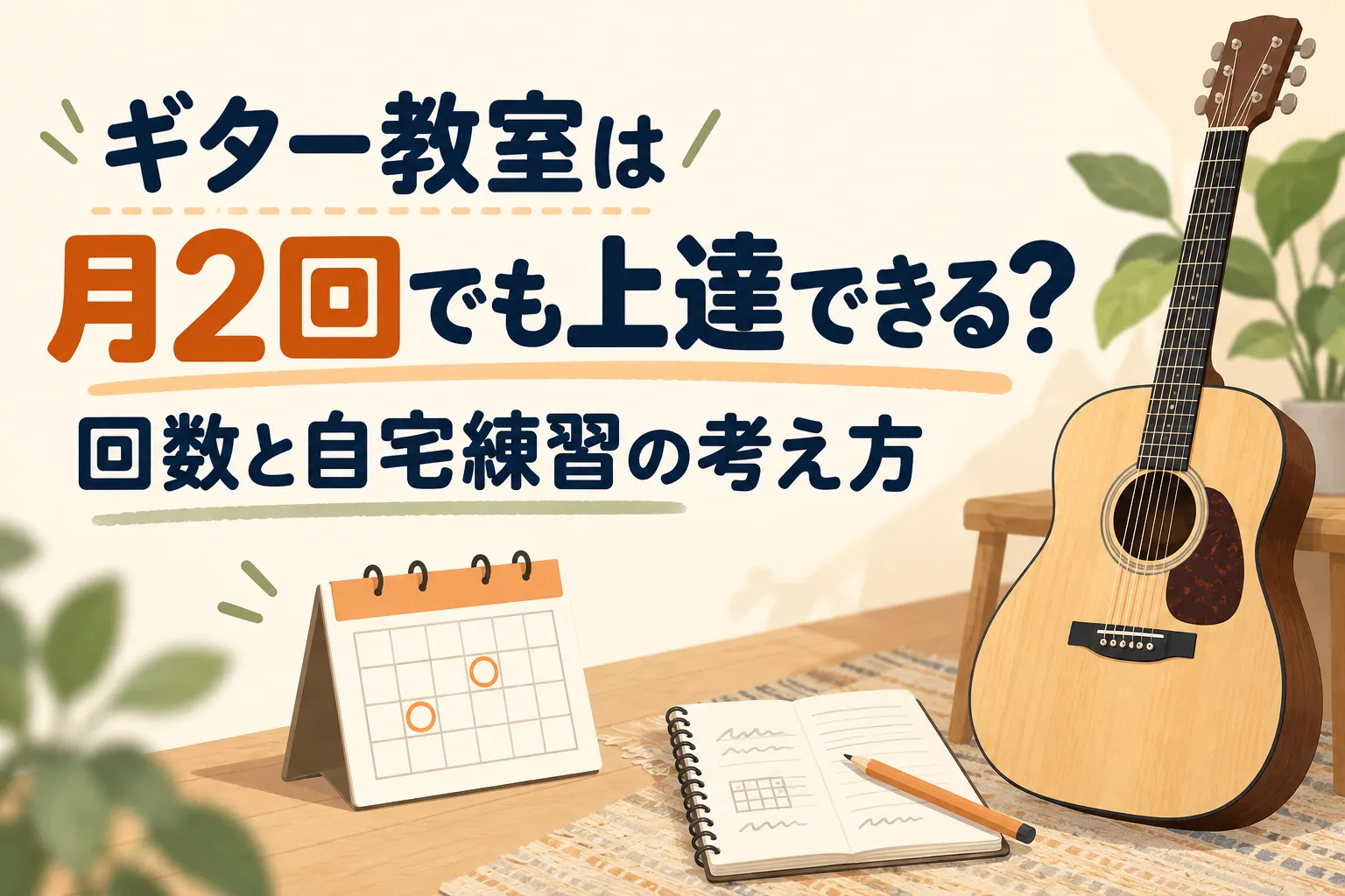 ギターと練習ノート、2日分に印を付けたカレンダーを描いたイラスト