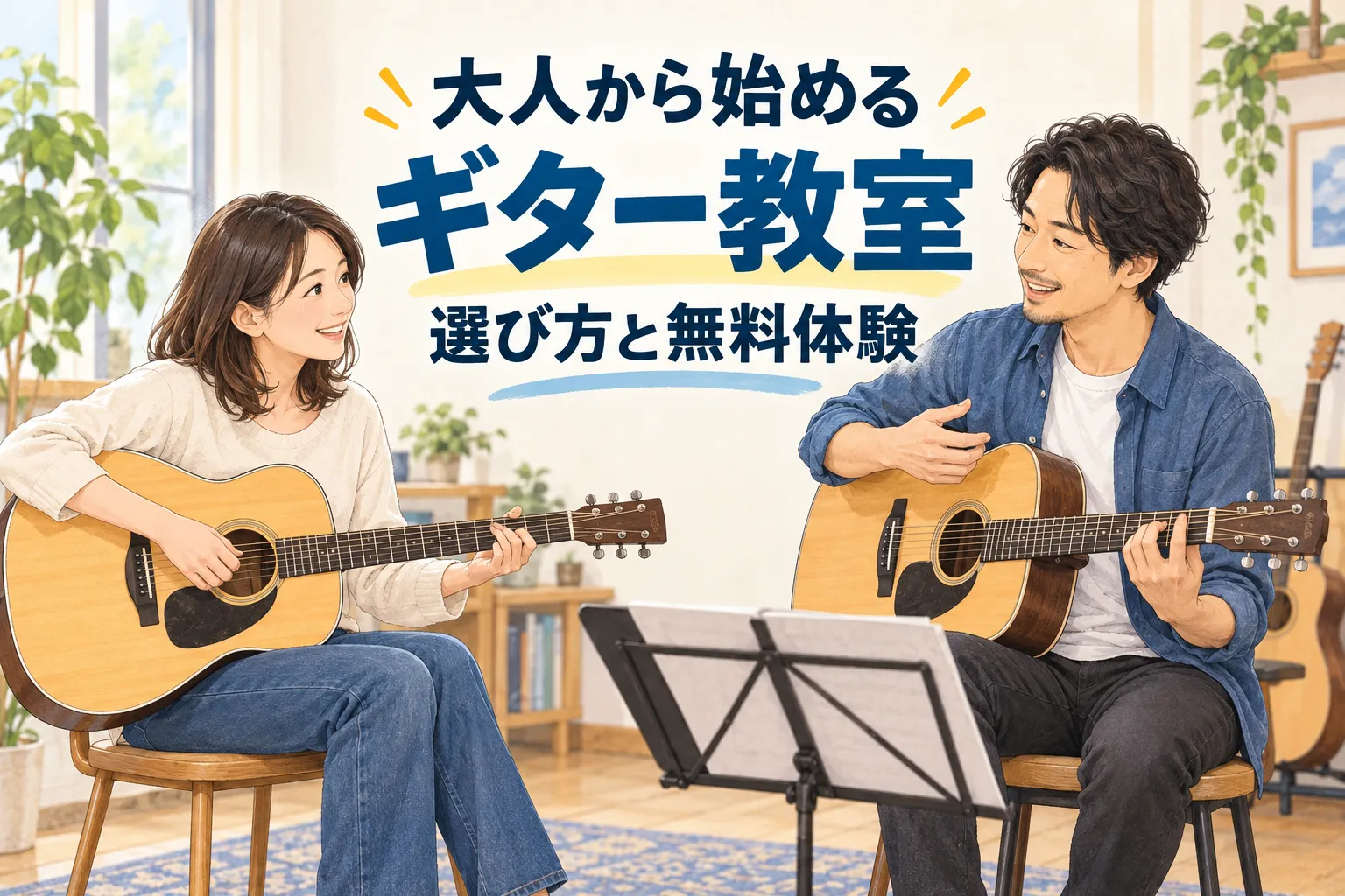 大人の初心者が講師とギターを手にして学ぶ場面を描いたギター教室選びのイラスト